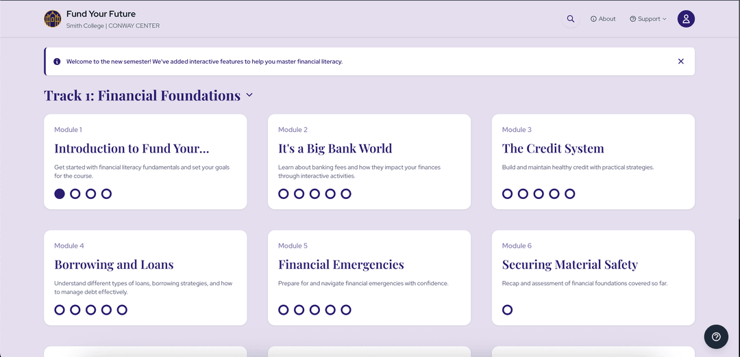 Smith College Financial Literacy Platform — gamified learning modules