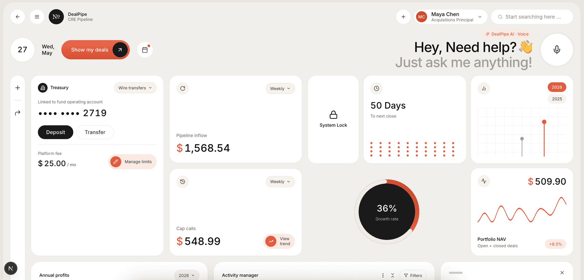 DealPipe — AI native dashboard for a commercial real estate acquisitions team: deal pipeline, fund operations and a voice assistant