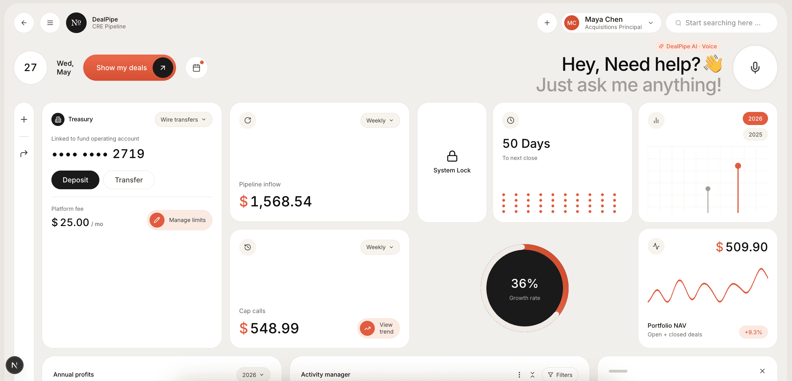 DealPipe — AI native dashboard for a commercial real estate acquisitions team: deal pipeline, fund operations and a voice assistant