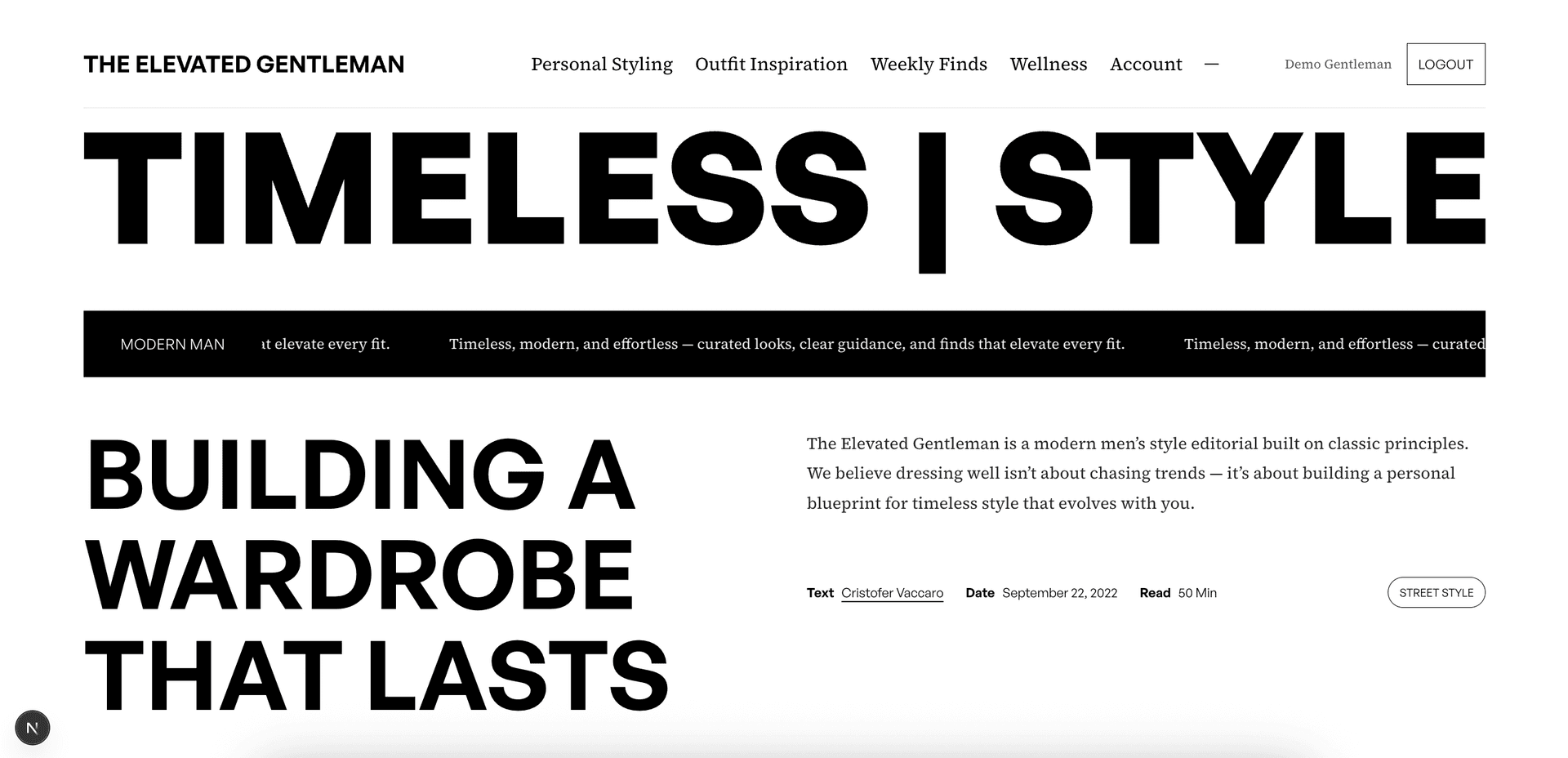 The Elevated Gentleman — Shopify store with a React headless storefront: subscriptions and editorial commerce for a menswear brand