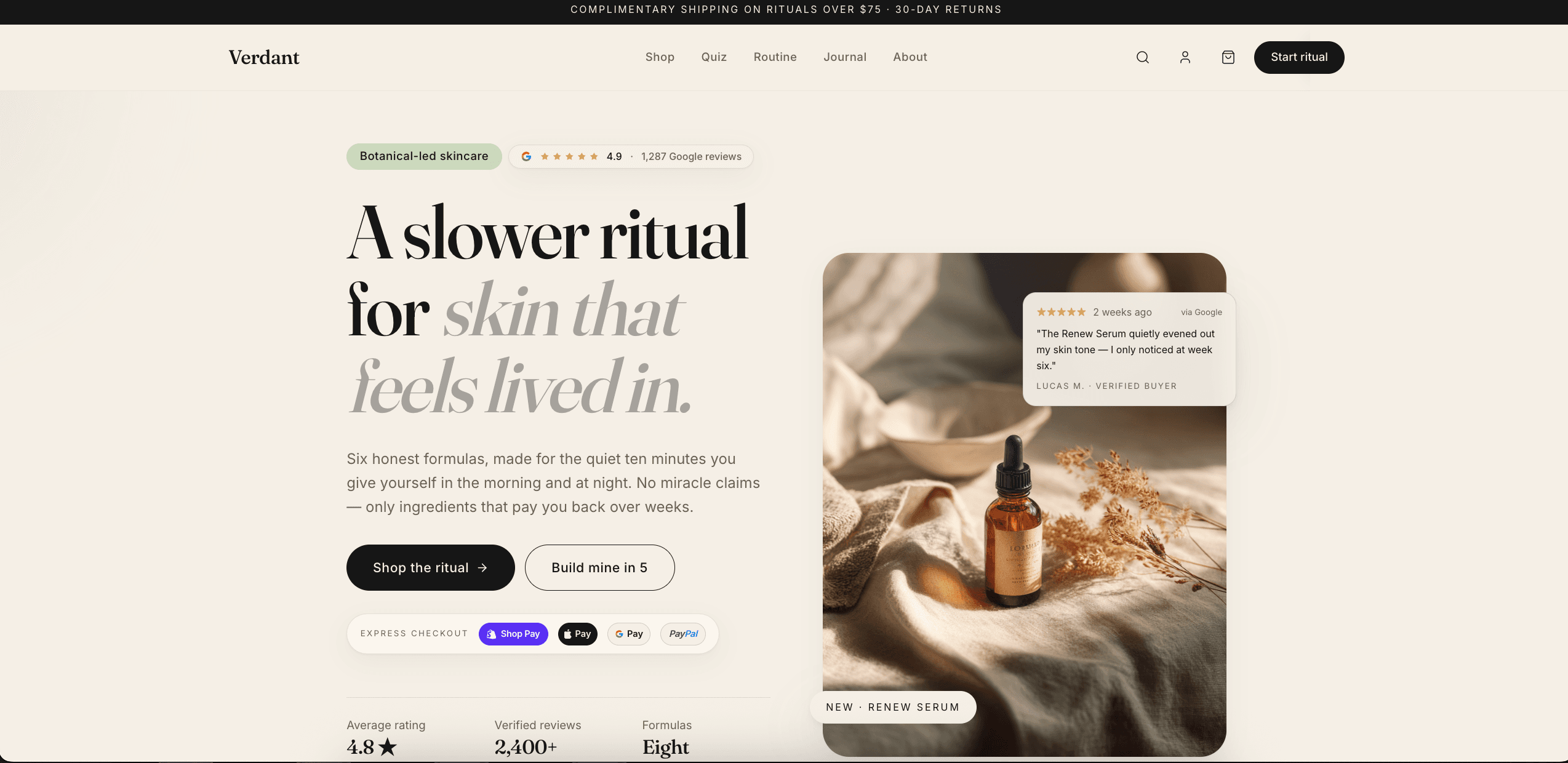 Verdant — Shopify store for a premium skincare brand: quiz driven routine builder, personalisation and subscription refills